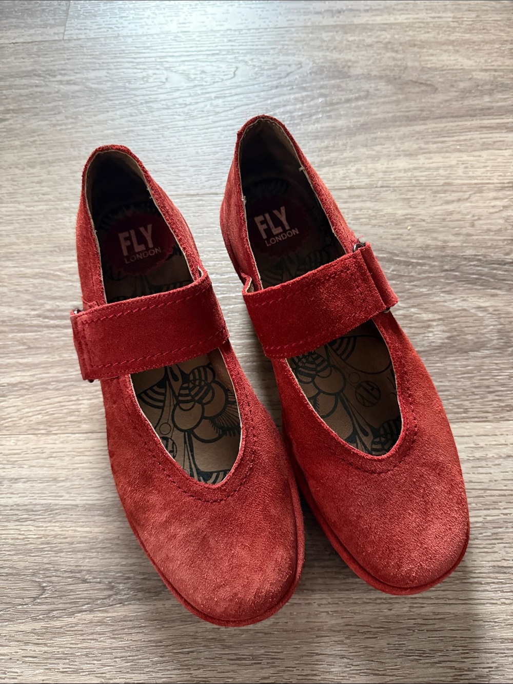 FLY London Red Suede Mary Jane Flats with Strap Velvet platform women’s shoes